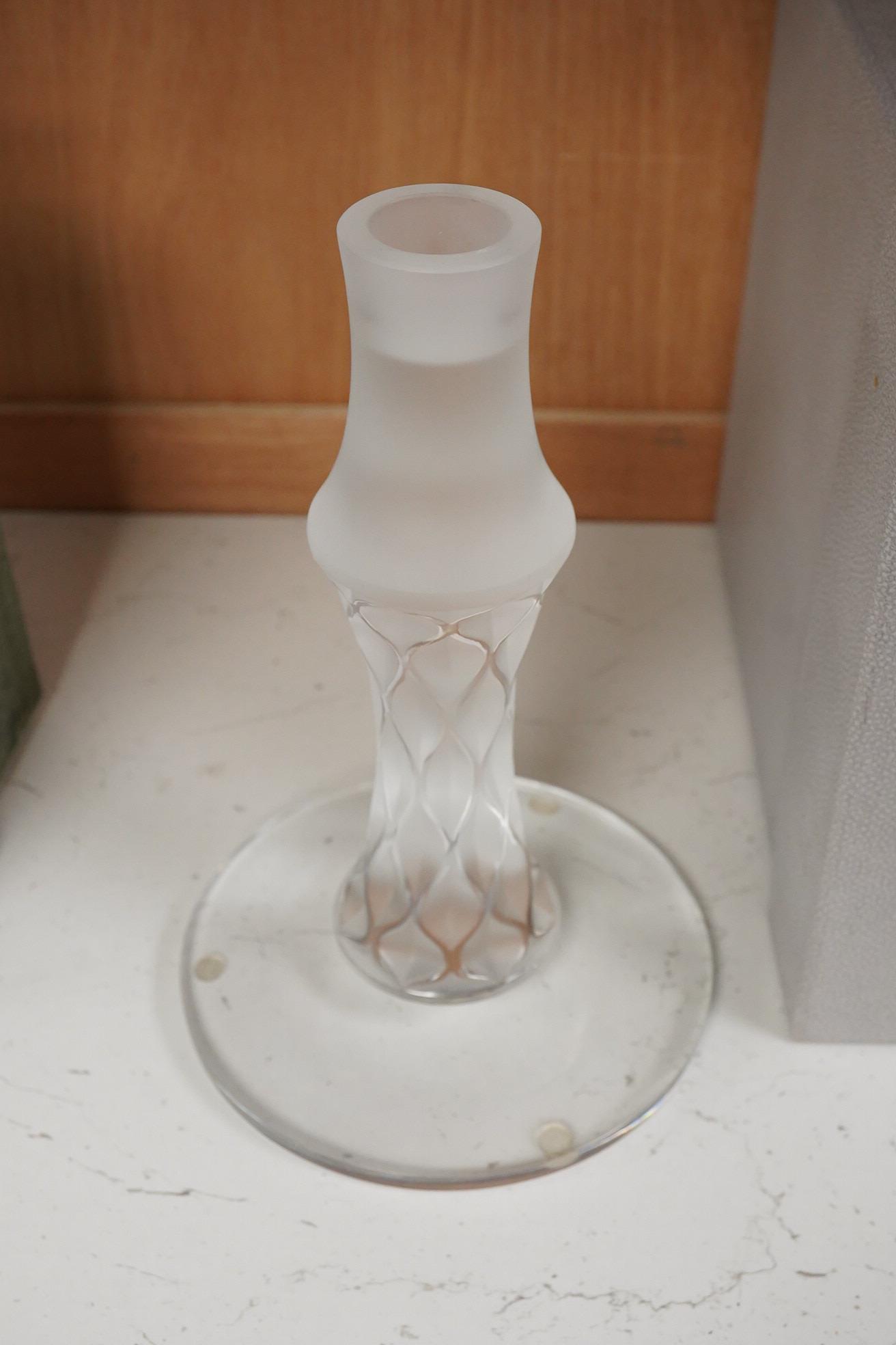 A modern Lalique glass candlestick, signed to the base, with original box, 20cm high